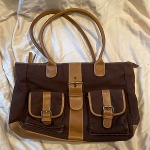 Brown canvas handbag with faux leather accents